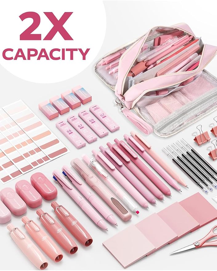 Four Candies Cute Aesthetic Pink School Supplies Kit for Girls | College Supplies and Nursing Essentials Pens, Highlighters, Mechanical Pencils, Sticky Notes for Students, Journaling