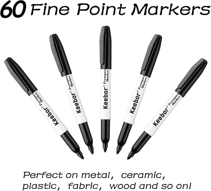 Keebor Permanent Markers Bulk, 60 Pack Black Permanent Markers, Quick Drying & Fade Resistant, Fine Point Marker Set for Wood, Plastic, Paper, Metal