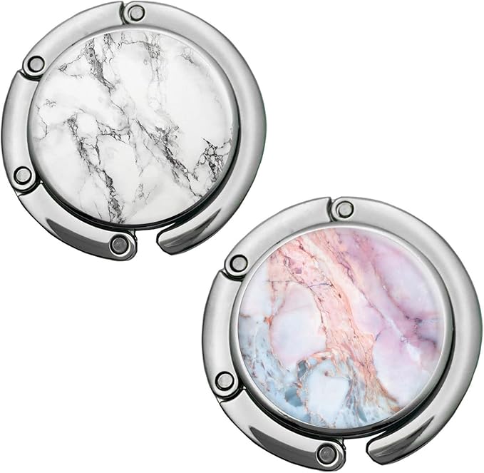 Foldable Purse Hook Womens Bag Table Desk Hanger (2pack W-PB Marble Hook)