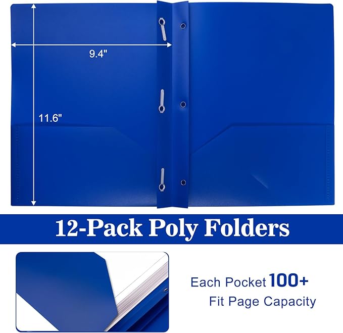 12-Pack Plastic Folders with Pockets and Prongs, 2-Pocket Poly Folders with 3 Fasteners Holds 8-1/2" x 11" Paper for School/Office/Home, Blue