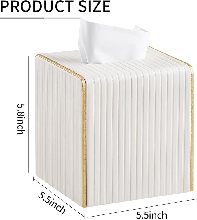 Square PU Leather Tissue Box Cover with Magnetic Closure, Decorative Tissue Holder & Storage Container for Bedroom, Living Room, Dining Room, Bathroom, Countertop, Desk & Office (White)
