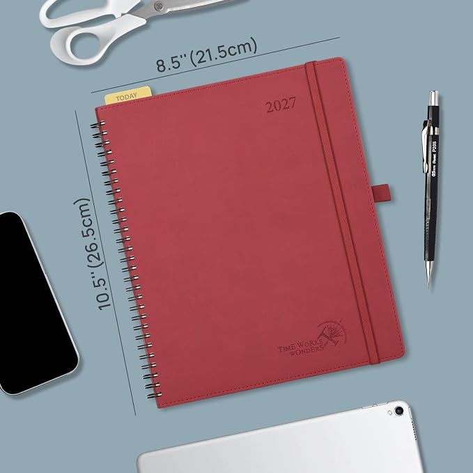POPRUN 2027 Planner, 8.5'' x 10.5'', Weekly and Monthly Daily Calendar Book | 2027 Agenda(Jan - Dec) Appointment Book with Hourly Time Slots, Monthly Tabs, 100GSM, Spiral Leather Cover - Black