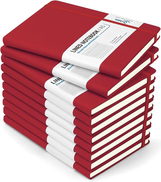 Dynta Hardcover Journal Notebooks, 10 Packs A5 Lined Journals Bulk for Writing 200 Pages/100Sheets, 8.4 x 5.8 inch, Classic Ruled Notebook for Work/Travel/College/Note Taking(Red)