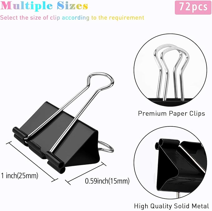 Binder Clips, 72 Pack, 1 Inch, Standard 25mm, Black, Fold Clamp, Capacity 0.47 Inch, Metal Paper Clips, Office Clips, School & Home Use