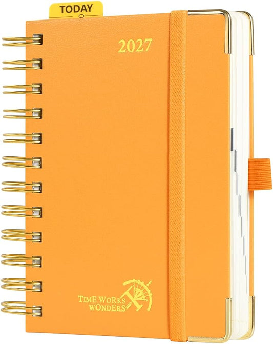 POPRUN 2027 Daily Planner One Page Per Day, Small 4.25" x 6.25", Calendar Book from Jan 2027 - Dec 2027, Hardcover Appointment Book with Hourly Time Slots, Spiral Bound - Orange