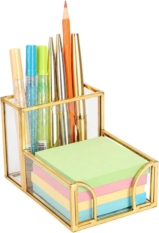 Feyarl Gold Glass Note Holder with Pen Pencil Cup 3x3 Inch Sticky Notes Desk Organizer Markers Pen Storage Desktop Accessory for Office Home Classroom