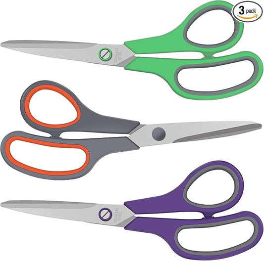 3 Pack Scissors Set, 8.3" Heavy Duty Scissors with 2.5 mm Thickness Sharp Blades & Ergonomic Soft-Grip Handles, All Purpose Scissors for Office, School, Kitchen, Crafts, Sewing, Right/Left Hand Use