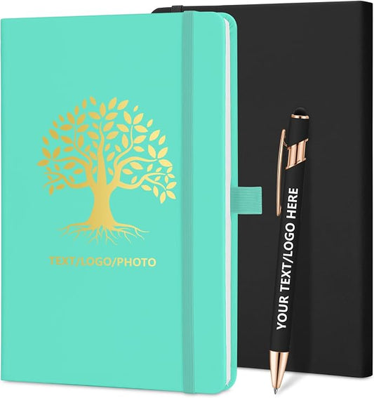 ENOMY Personalized Notebook 10 PC Pens Custom Notebook with Pen Holder Personalized Journal Strap Design for Men Women Ideal Gift, Lake Blue