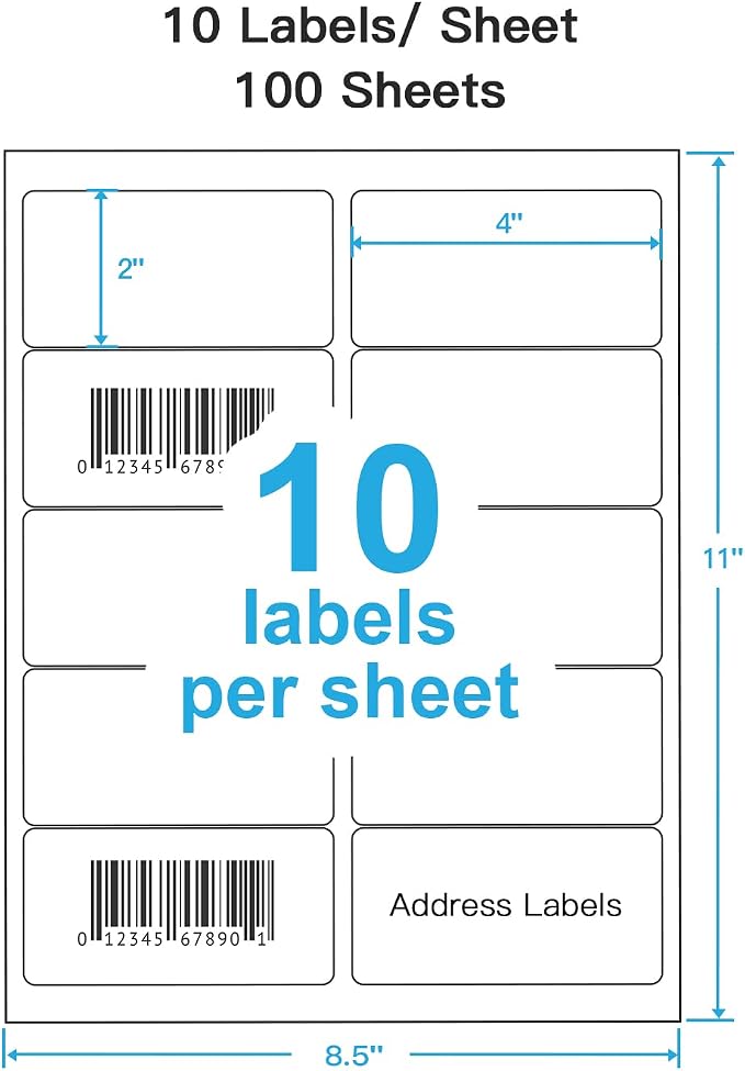 Shipping Address Labels, 2" x 4" Address Labels for Laser & Inkjet Printers, Mailing Labels for 5163, 8163, 5263, Strong Adhesive for FBA Label, Easy to Peel (100 Sheets, 1000 Labels)
