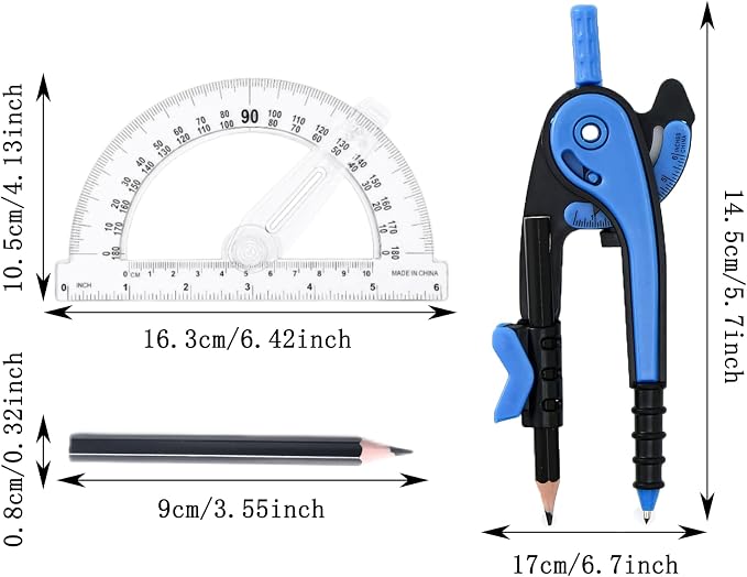 Vobou Compass and Protractor Set, 6 Inch Swing Arm Protractor (Dark Blue) | Compasses for Math for Drafting, Sharpener, Eraser and 180 Degree 6 Inch Clear Protractor, Easy Grip, School Supplies