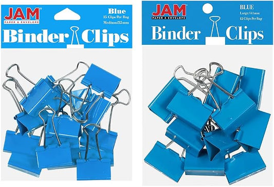 JAM PAPER Colorful Binder Clips Assortment - Medium & Large Size - Blue Binderclips - 27 Clips/Pack