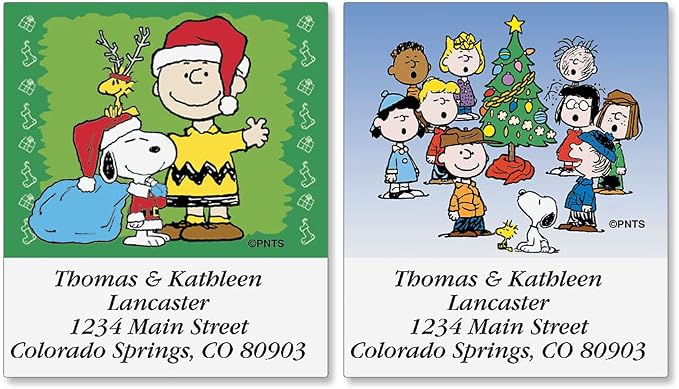Colorful Images A Charlie Brown Christmas Peanuts Return Address Mailing Labels,Personalize with Name & Shipping Address, Set of 144 Self Adhesive,Easy Peel Flat Sticker Label Sheets,Square,6 Designs