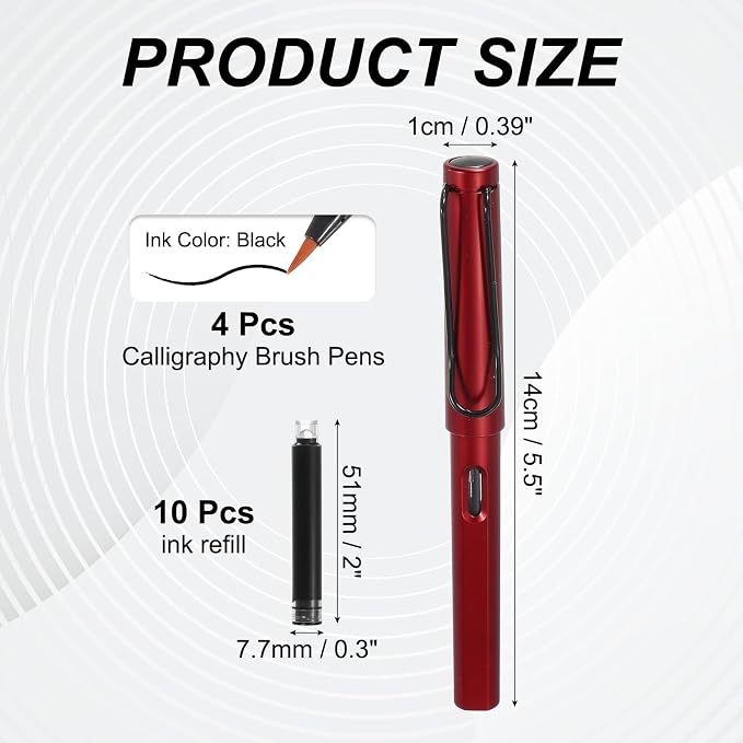 PATIKIL 4Pcs Calligraphy Brush Pens, Fountain Ink Brush Pen Refillable with 10Pcs Ink Refill for Writing Lettering Drawing Chinese Japanese Signature, Red