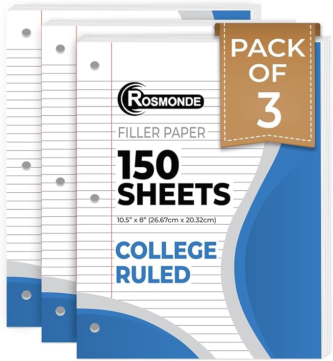 Rosmonde Loose Leaf Paper, 450 Sheets, 3 Pack, College Ruled Paper, 8" x 10.5", Bulk Office Filler Paper, 3 Hole Punched, 150 Sheets/Pack, 56 gsm Paper, College Ruled Notebook Paper for Binder, White | Bulk Office Filler Paper, 8" x 10.5", 3 Hole Punch...