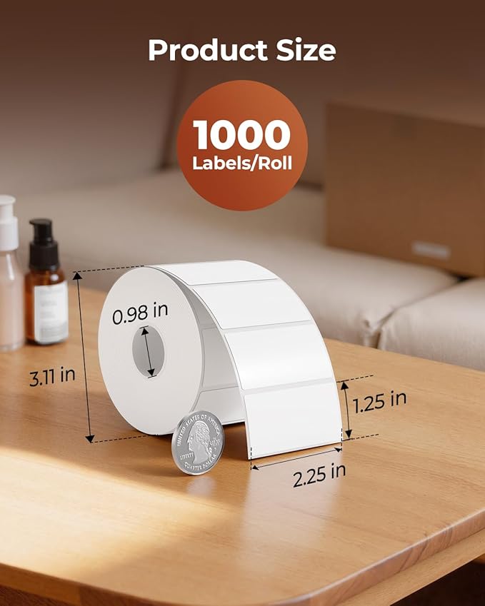 MUNBYN 2.25"x1.25" Thermal Sticker Labels, White Self-Adhesive Barcode Label Paper for Direct Thermal Printer and Business, Multi-Purpose Rectangle Address Shipping Mailing Stickers,1000 Sheets/Roll | Strong Adhesive, Non BPA&BPS for Small Business, Sh...