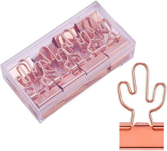Cactus Binder Clips with Cute Rose Gold Medium Binder Clips in Acrylic Crystal Box for Office School and Home Supplies
