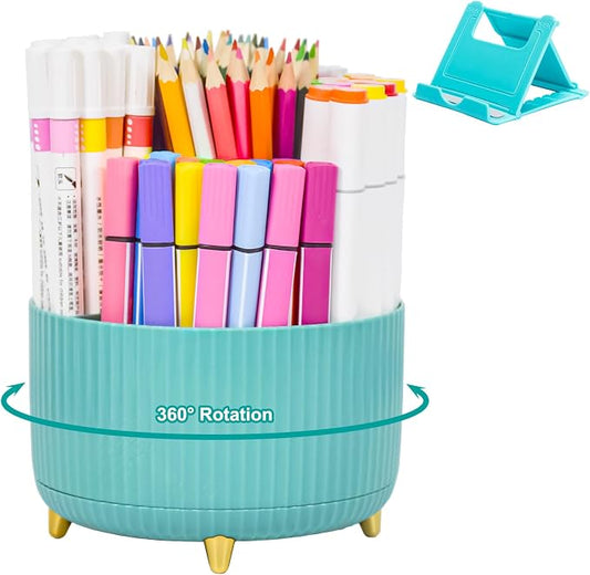 SAYEEC Rotating Pen Holder 5 Slots Desk Organizer with Adjustable Phone Stand Blue Makeup Brush Holder Organizer Cute Pencil Cup Pot Art Supply Storage Box Caddy for Office School Vanity Bathroom