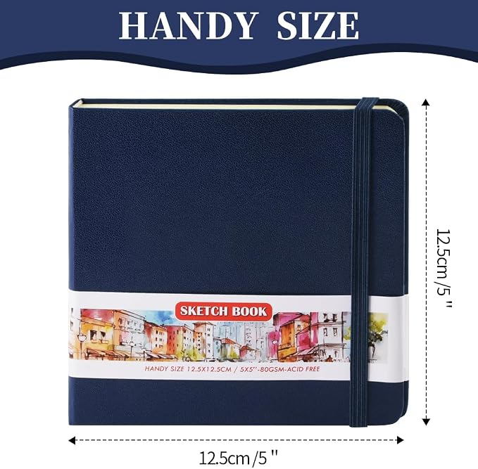 5x5" Pocket Sketch Book,80gsm Hardcover Art Sketchbook for Drawing Journal | PU Cover,Blank Paper,96Sheets/192Pages,Lay-Flat,Portable Travel Creation Paint Diary Memo Planner,Dry Media.Royal Blue