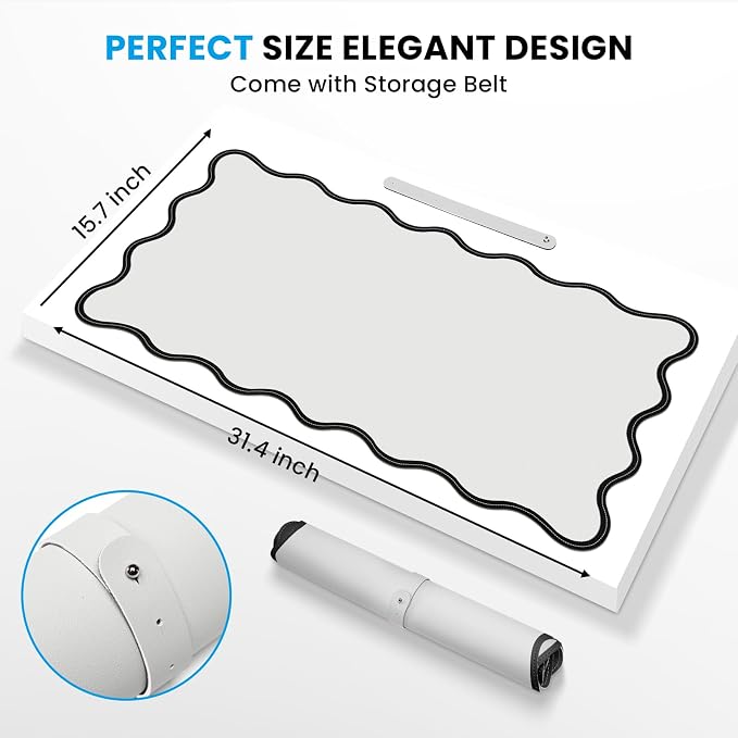 Leather Desk Mat, XXL Large 31.4x15.7in Scalloped Gaming Mouse pad，Non-Slip Rubber Base Keyboard Pad Mousepad for Laptop Computer Game Home Office，Waterproof and Oilproof Desktop Mat I Gray