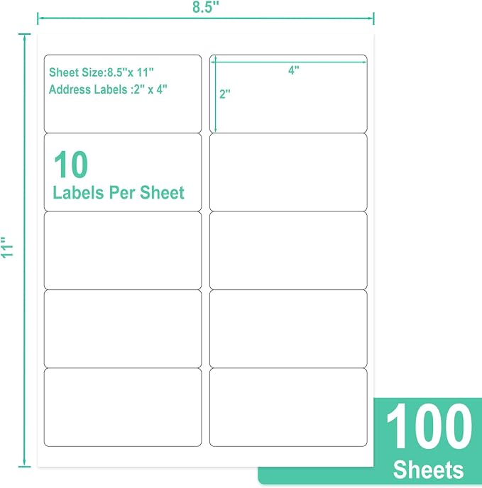 L LIKED 2" x 4" Label Stickers, Printable White 10 per Sheets Total 1000 Labels for Laser/Inkjet Printing - Matte (1000 Labels)