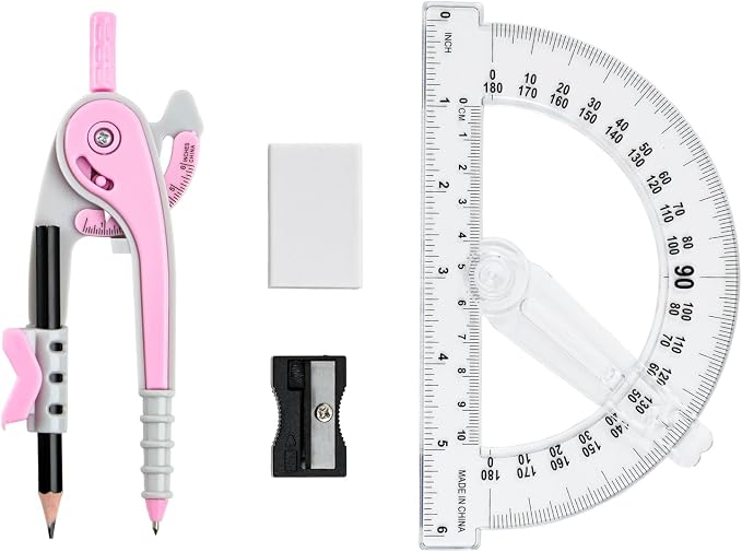 Vobou Compass and Protractor Set, 6 Inch Protractor with Swing Arm (Pink) | Compasses for Math for Drafting, Sharpener, Eraser and 180 Degree 6 Inch Clear Protractor, Easy Grip, School Supplies