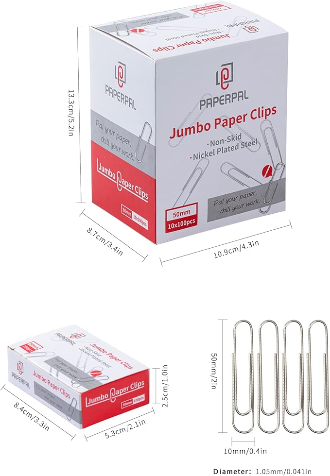 PAPERPAL Paperclips for Office School & Personal Use, Jumbo Nonskid Paper Clip (2"), 1000 Large Paper Clips (10 Boxes of 100 Each), Silver | Value bulk pack of 1,000 large non-skid paper clips for offices, schools and businesses, packed in 10 boxes of ...