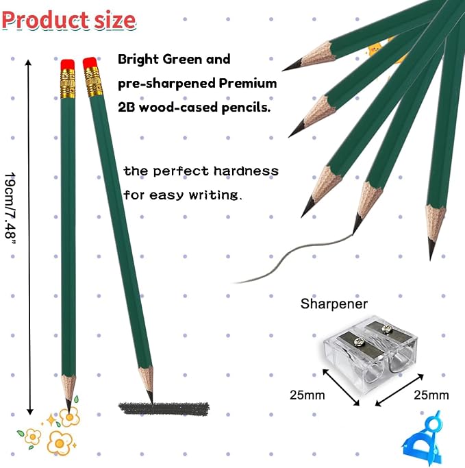 Adhere 25pcs Woodcase Pencils with Eraser Premium Pre-Sharpened Hexagon Graphite 2B pencils ideal for home, office writing including a Free Sharpener.(Dark Green)