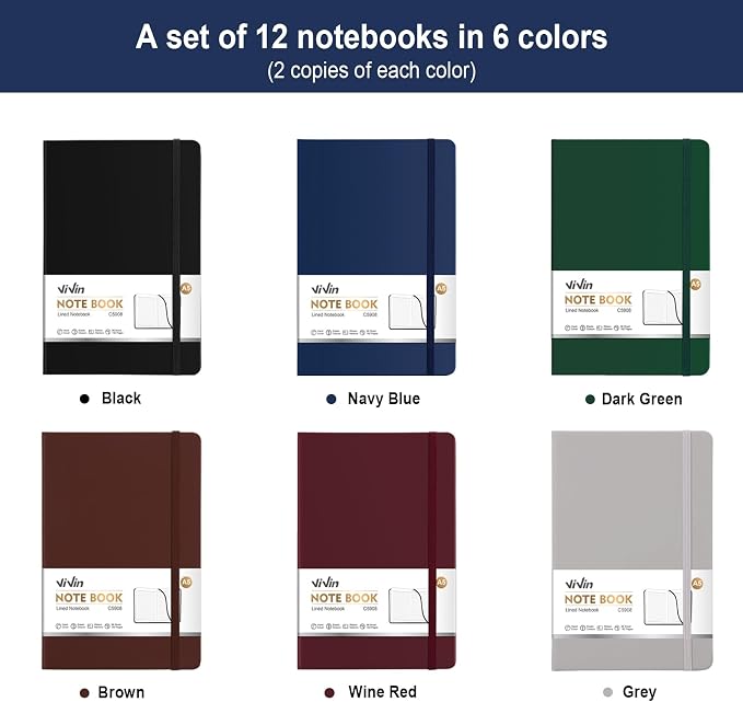 ViVin Lined Journal Notebooks for Professional Office Work,192 Pages,Medium 5.5 x 8.3 inch,College Ruled,A5 Hardcover Journaling Notebooks for Writing,12 Pack Bulk