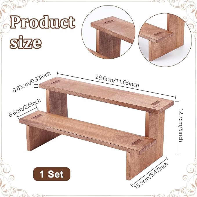 NBEADS 2-Tier Wooden Display Riser Shelf, Tabletop Small Food Stand Risers Display Makeup Step Perfume Organizer for Fragrance Cosmetics Figure Collection, Peru, 11.65×5.47×5.00inches