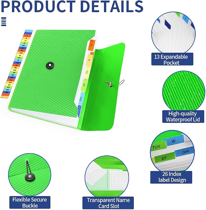 Expanding File Folder, 13 Pockets Accordian File Holder Organizer, A4 Letter Size Paper Document Receipt Organizer Accordion Filing Folder for Classroom, Home, Office and Travel, Green