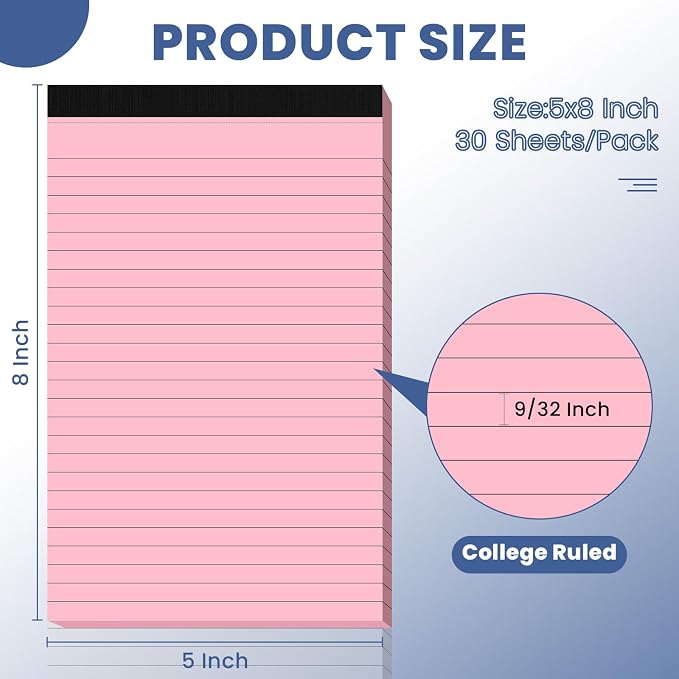 6pcs Small Note Pads, Pink Notepads 5x8 College Ruled Notebook, Writing Pads 5 x 8, Legal Pads, Pad Paper Perforate Notebooks for Work, Message, School, Office Supplies,30 Sheets/Pack