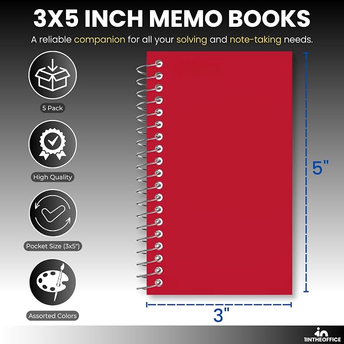1InTheOffice Wirebound Spiral Memo Books, Memo Pads, 3" x 5", College Ruled, Small Notepad, Assorted, 75 Sheets/Pad, (5 Pack)