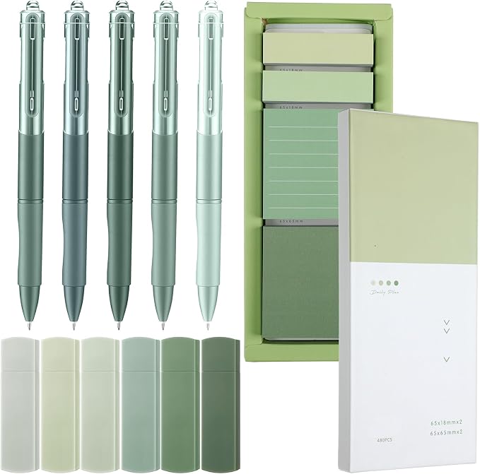 Resurhang Sage Green Office Desk Accessories Aesthetic School Supplies Pens Sticky Note Set 6 Mini Correction Tape 6 Retractable Black Ink Pens 0.5 mm Fine Point Pen Self Stick Index Tabs(Green)