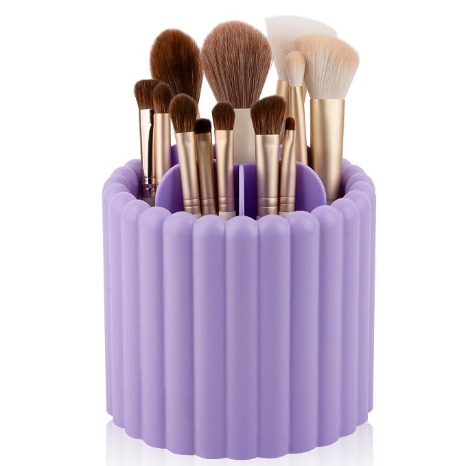 Rotating Makeup Brush Holder Organizer with Removable Dividers, Purple | 7 Slots Make Up Brush Organizer 360 Spinning Cosmetic Storage Pen Holder for Desk, Vanity, Dresser
