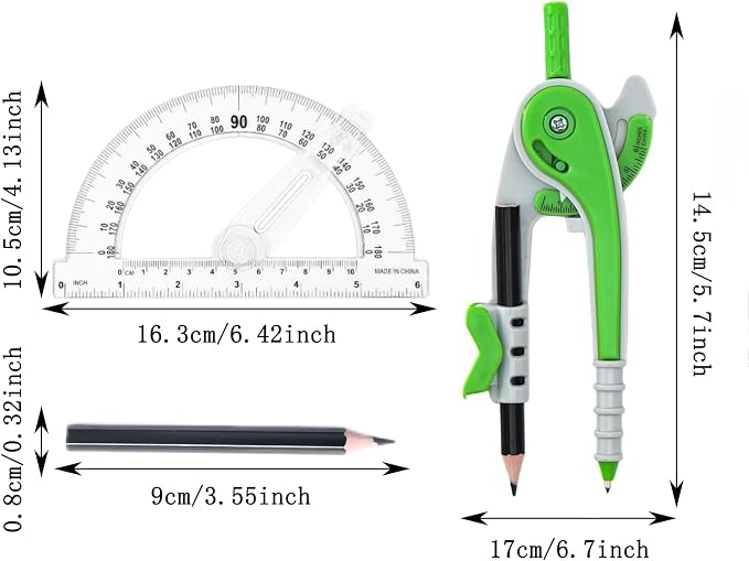 Vobou Compass and Protractor Set, 6 Inch Protractor with Swing Arm (Green) | Compasses for Math for Drafting, Sharpener, Eraser and 180 Degree 6 Inch Clear Protractor, Easy Grip, School Supplies