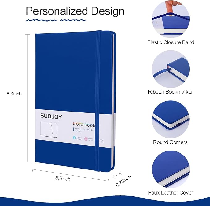 SUQJOY Lined Journal Notebooks, 6 Pack 160 Pages, 5.5x 8.2-Inch Journals for Women Men, Hardcover Notebook with 100 gsm Thick Paper, A5 Size College Ruled Notebook for Writing/Travel/Work (Blue-6 Pack)