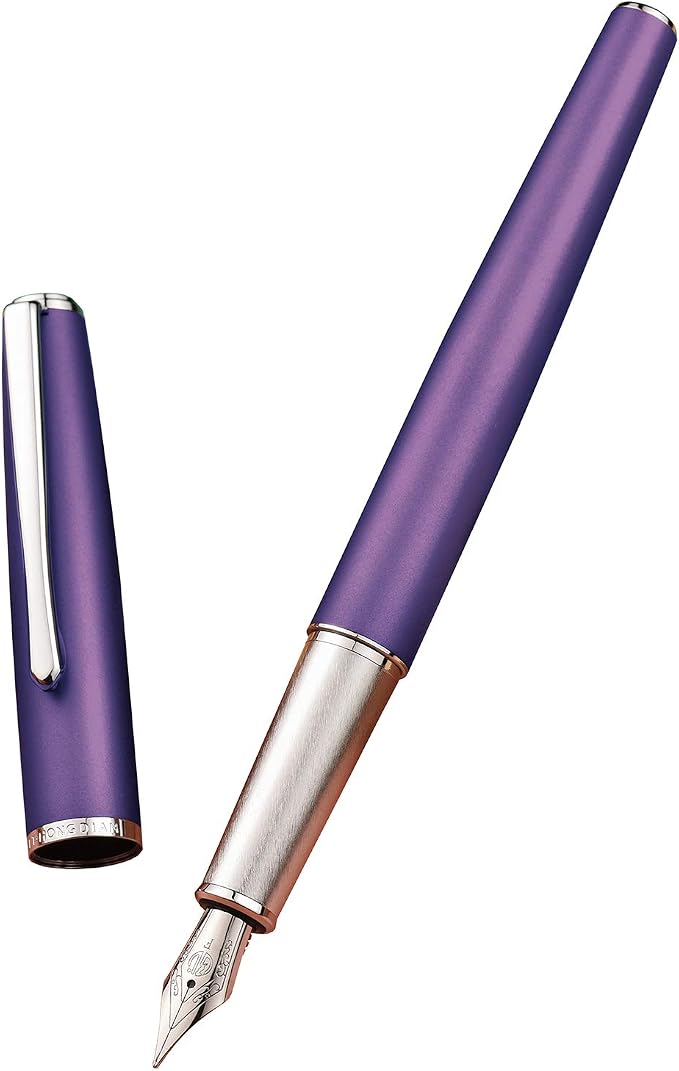 Hongdian 920 Purple Metal Fountain Pen, Steel Fine Point Classic Pen, Includes Refillable Converter and Pen Pouch