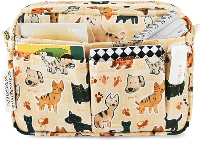 E-WEICHEN Multiple Pockets Portfolio Organizer with Zippered, Makeup Bag Travel Essentials for Women, Simple Waterproof Stationery Pencil Pouch Bag for Journal Office Art Supplies.Beige Dog
