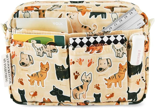 E-WEICHEN Multiple Pockets Portfolio Organizer with Zippered, Makeup Bag Travel Essentials for Women, Simple Waterproof Stationery Pencil Pouch Bag for Journal Office Art Supplies.Beige Dog