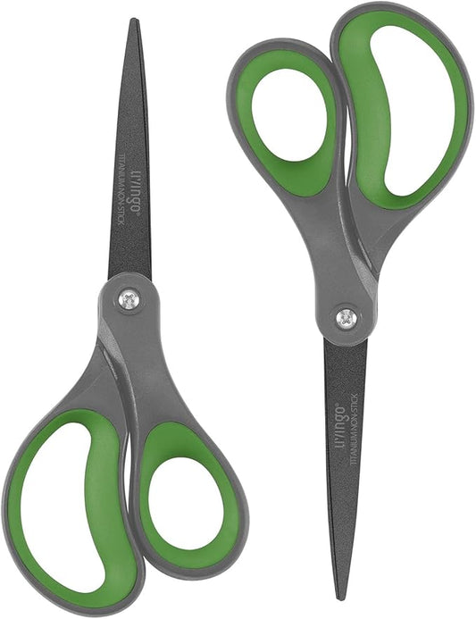 LIVINGO Sharp Scissors All Purpose - 2 Pack 8 Inch Titanium Coated Non Stick Steel Shears Heavy Duty for Office Home School Sewing Crafting Cutting Paper Fabric, Comfortable Grip (Gray & Green)
