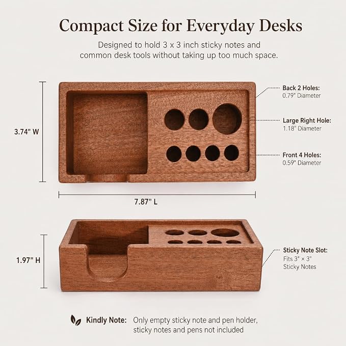 Wood Pencil Holder Pen Display Stand 3x3 Inch Sticky Note Holder | Elegant Post It Note Holder Notepad Dispenser Desk Organizer with Pen Slot for Sticky Notes, Pens, Scissors and Small Tool