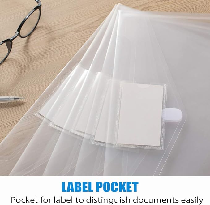 Sooez 10 Pack Plastic Envelopes File Folders, Clear Folder for Document US Letter A4 Size Poly Envelopes with Label Pockets for School Home Work Office Organizer, Clear