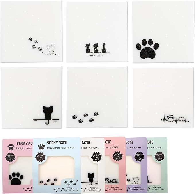 300-Sheet Pearlescent Cat Sticky Notes, 6 Pads | 300 Sheets Pearlescent Sticky Notes; Shimmering Glitter Translucent Memo Pads; Cat Design Self-Stick Notes for Planner