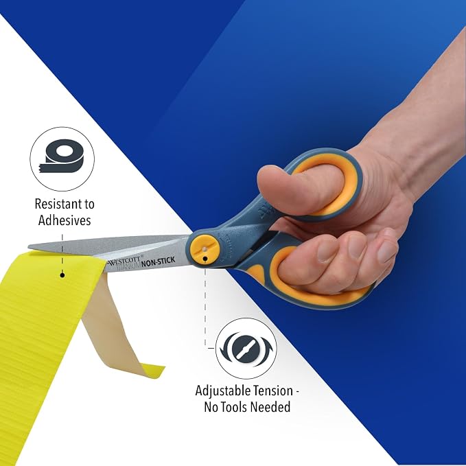 Westcott 8-Inch Non-Stick Titanium Scissors For Office and Home - Glide Adjust Technology - Grey/Yellow Craft, Fabric Scissors - 1 Pack
