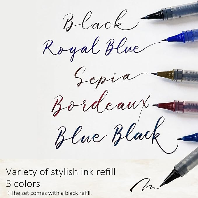 Kuretake ZIG Letter Pen COCOIRO, Body with Black Ink Refill Set, Flexible Extra Fine Brush Tip, Refillable marking Pen for Calligraphy, Hand Lettering, Made in Japan (WHITE, Black)
