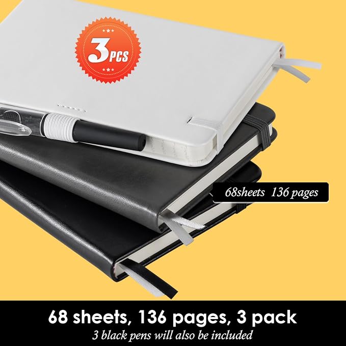 NIRMIRO Small Notebook Pocket Size Journal 3.7" x 5.7", 3 Pack, (White, Grey, Black), 408 Pages, A6 Mini Notepad with Pen, Small Leather Note Book, 100GSM Lined paper, Hardcover