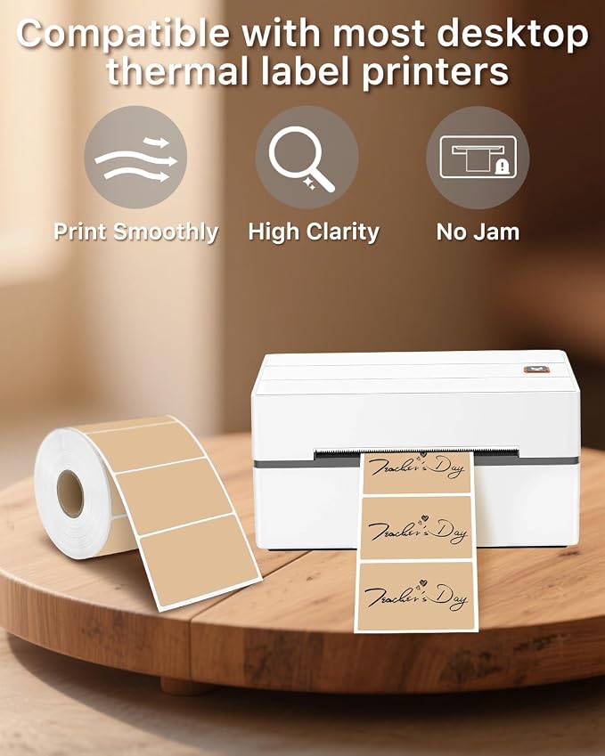 iEager 3" x 2" Thermal Labels, Durable Thermal Printer Stickers, Brown | Self-Adhesive Rectangle Label with Perforation Line, 500 Labels/Roll