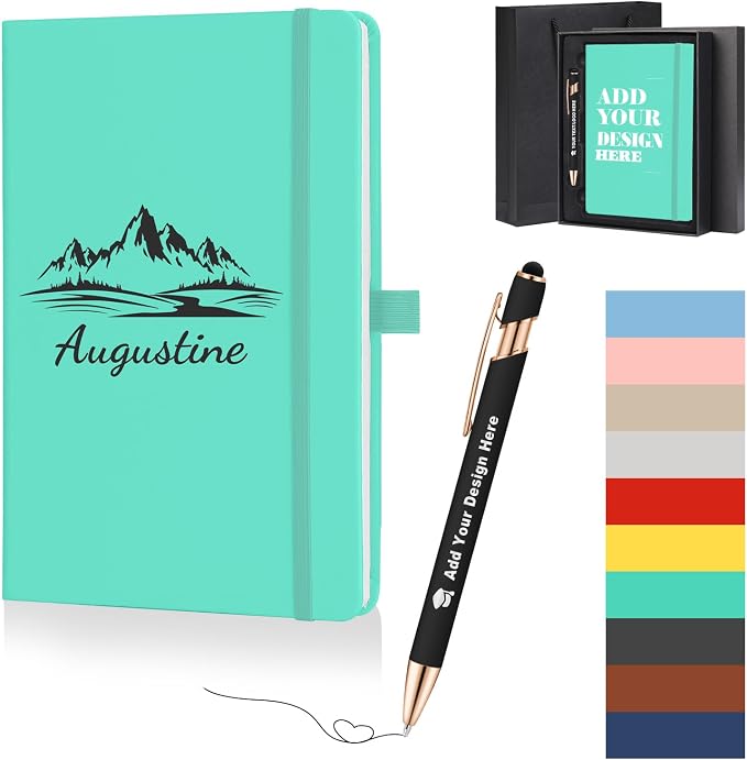 ENOMY Personalized A5 Notebook Gift Set with Custom Pen PU Leather Journal Box, LakeBlue