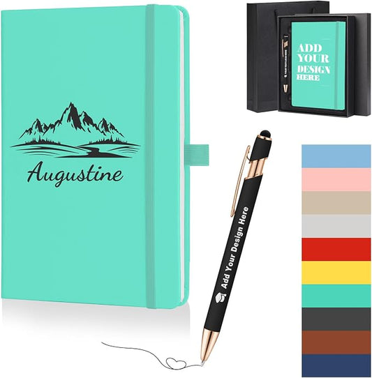 ENOMY Personalized A5 Notebook Gift Set with Custom Pen PU Leather Journal Box, LakeBlue