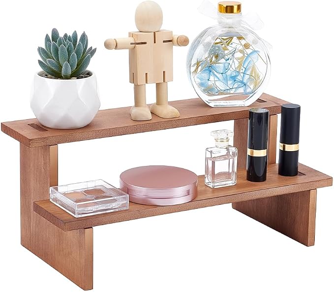 NBEADS 2-Tier Wooden Display Riser Shelf, Tabletop Small Food Stand Risers Display Makeup Step Perfume Organizer for Fragrance Cosmetics Figure Collection, Peru, 11.65×5.47×5.00inches